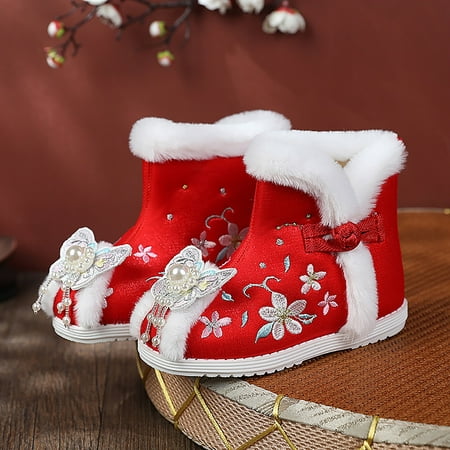 

LYCAQL Toddler Shoes Ethnic Style Cotton Boots for Toddler Gilrs Cloth Shoes Warm Winter Snow Boots Embroidery Print Shoes Snow Boot (Red 11.5 Little Child)