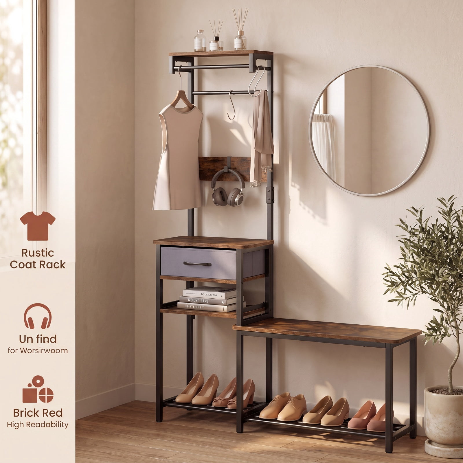 Furnibear 7 in 1 Slim Hall Tree with Shoe Bench and Hooks and Removable Fabric Drawer for Narrow Entryway and Hallway, Rustic Brown