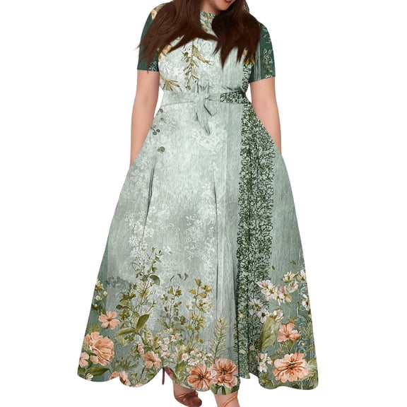 LWavelet Women's Plus Size Ditsy Floral Maxi Dress Short Sleeve Tie Waist Casual Cute Dress with Pockets Army Green 2XL