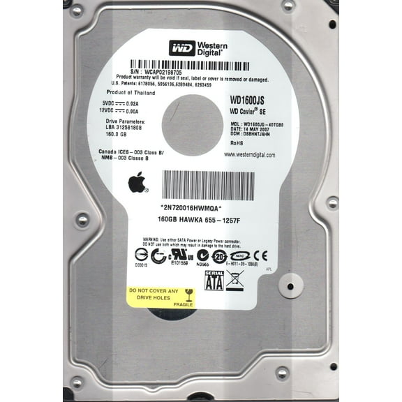 WD1600JS-40TGB0, DCM DSBHNTJAHN, Western Digital 160GB SATA 3.5 Hard Drive