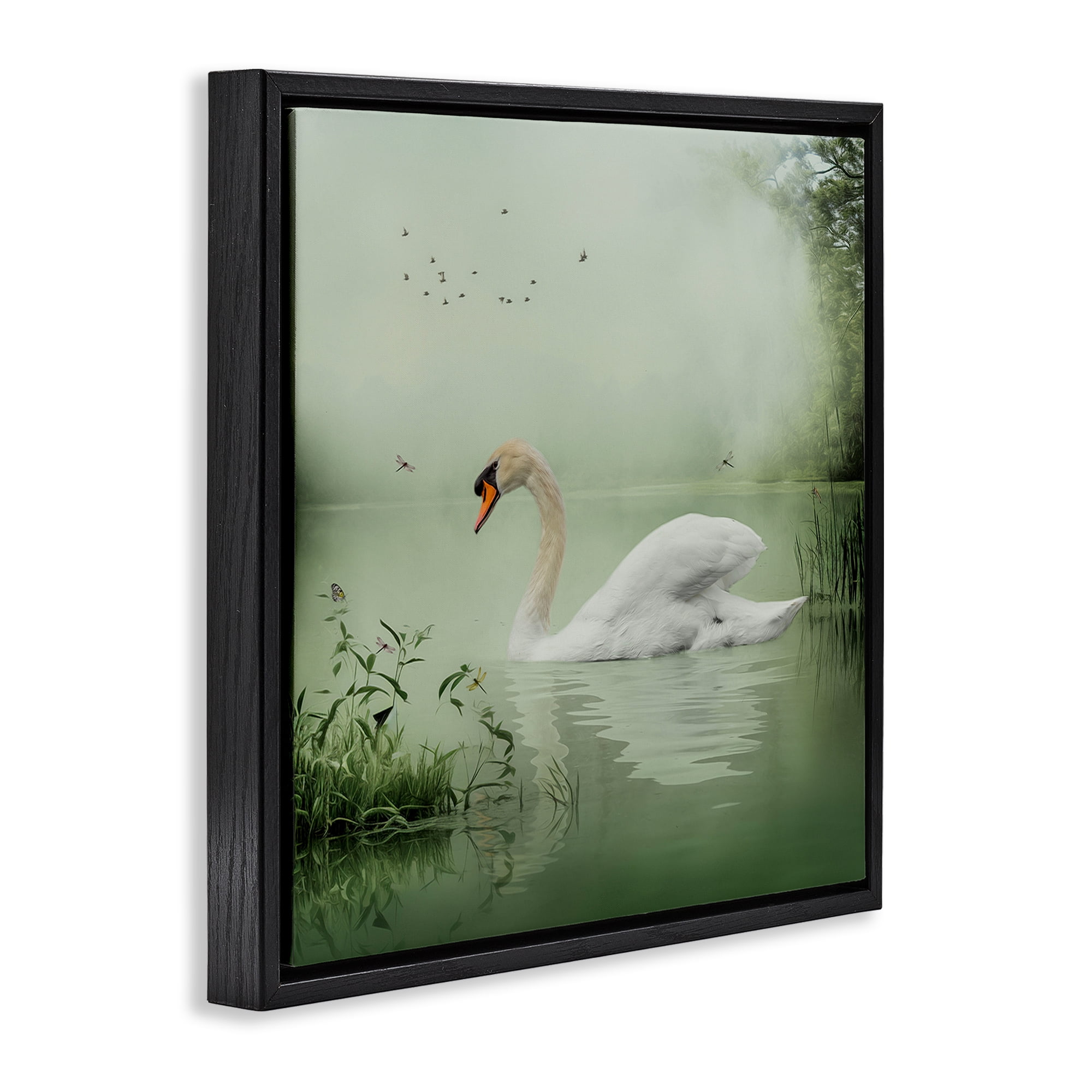 Stupell Industries Swan's Sanctuary Misty Lake Landscape & Nature Painting Black Floater Framed Canvas Art Print Wall Art, 25 x 25