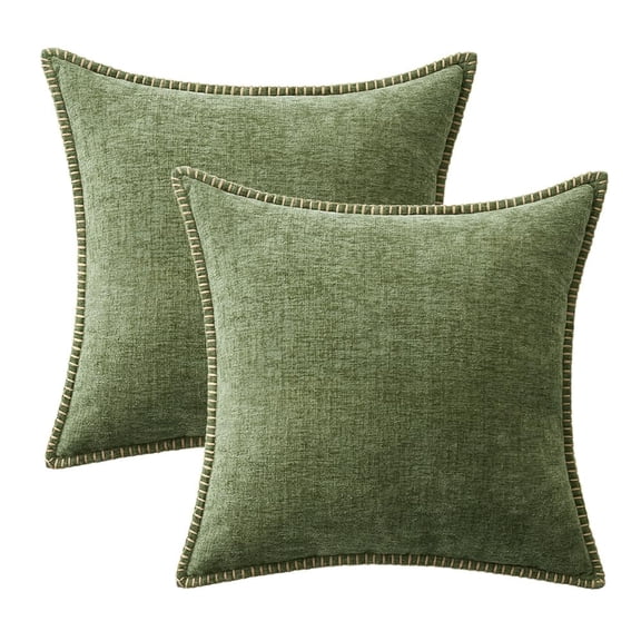 Farmhouse Style Pillow Covers 18x18 Inch, 2 Pack Sage Green Chenille Throw with Stitched Edge, Solid Dyed for Sofa Bed Living Room Decor, Green