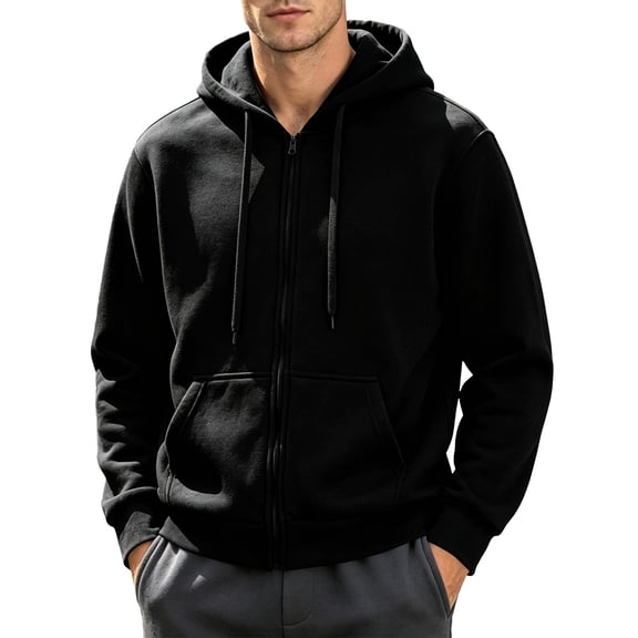 FENGYOU Mens Casual Full Zip Hoodie Long Sleeve Drawstring Hooded Sweatshirt Regular Fit Fleece Pullover Jacket with Pockets Black L