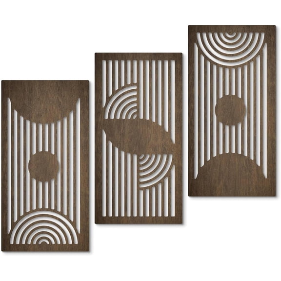 Geometric Wood Wall Art Set of 3 Modern Mid-Century Modern Aesthetic Wall Decor Modern Wooden Wall Sculptures for Living Room Office Hallway Brown Line Art Decor