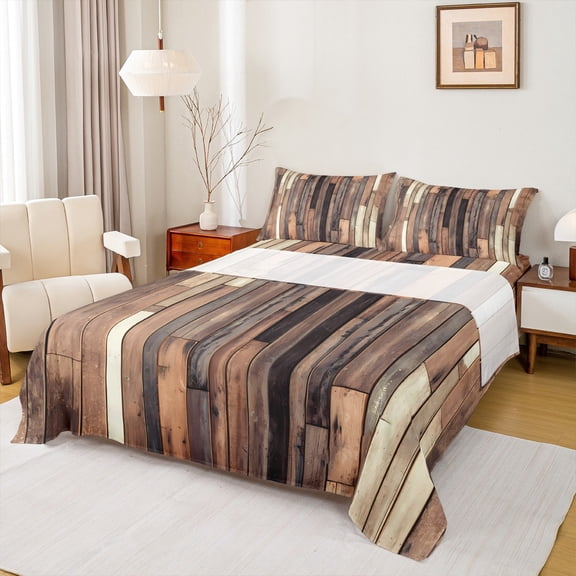 Manfei Old Wooden Strip Full Size Sheets,Rustic Farmhouse Bed Sheets,Brown Beige Sheet Sets For Teens,Ultra Soft Home Decor,4-Piece