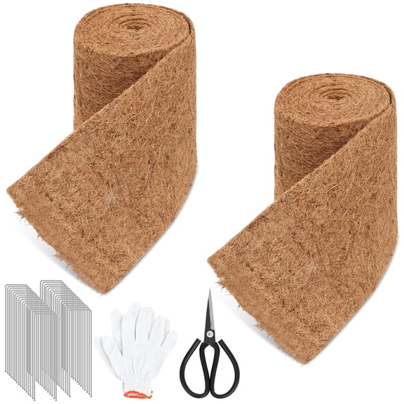 Timgle 2 Pcs 120" x 6.3" Natural Coconut Fiber Liner Mulch Roll, Coir Liner Garden Weed Barrier Mat with 30 U-Shaped Steel Stakes for Landscaping, Garden Edging Border, Planters, Vegetables & Flowers