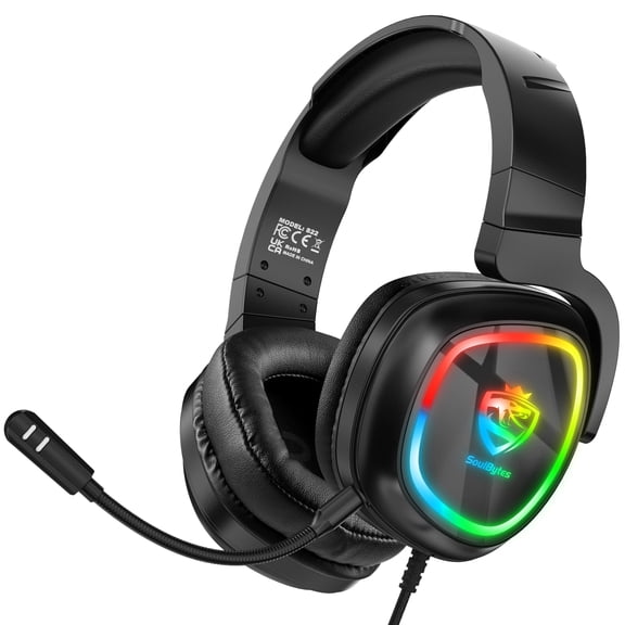 Gaming Headset Wired for PS5/PS4/PC/Switch Controller,Gaming Headphones with 7.1 Surround Sound Flexible Mic RGB Light Memory Earmuffs for Laptop Nintendo Games,Black