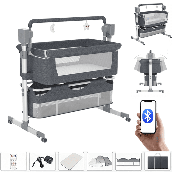 Electric Baby Crib Convertible Crib with Bluetooth Music Speaker, Bedside Sleeper for Infants to Toddlers, Unisex, Grey(28lb)