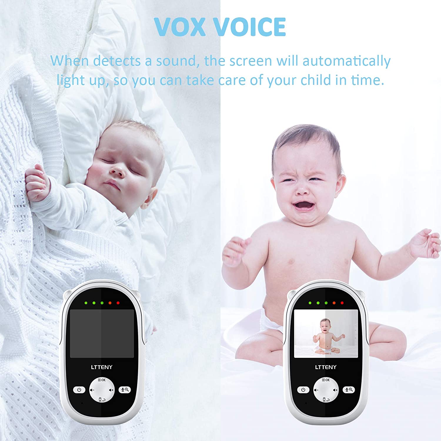 Baby Monitor with Camera and Audio, 2.4GHz Wireless, LTTENY 1080P FHD Video  Camera with Infrared Night Vision,Two-Way Talk, Temperature Monitor, VOX  Mode, Lullabies, 960ft Range and Long Battery Life