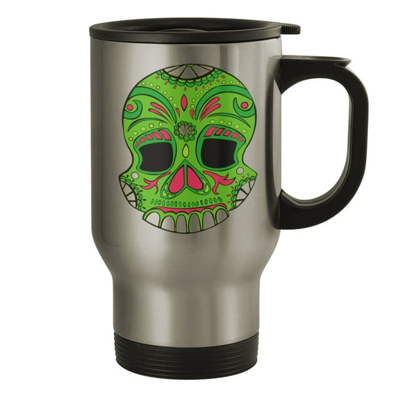 Green DOD Skull #105 - Funny Humor 14oz Silver Travel Mug