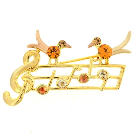 - Golden Topaz Brown Music Note With Two Birds Swarovski Crystal Pin Brooch