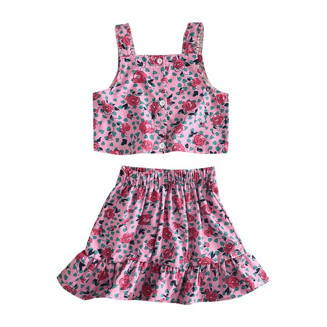 Gibobby Conjunto de pants para niño Conjuntos de 2 piezas de verano para Niñass pequeñas Traje para Niñass Tirantes con estampado floral de un solo pecho y fald(Rosa, 5 Años)