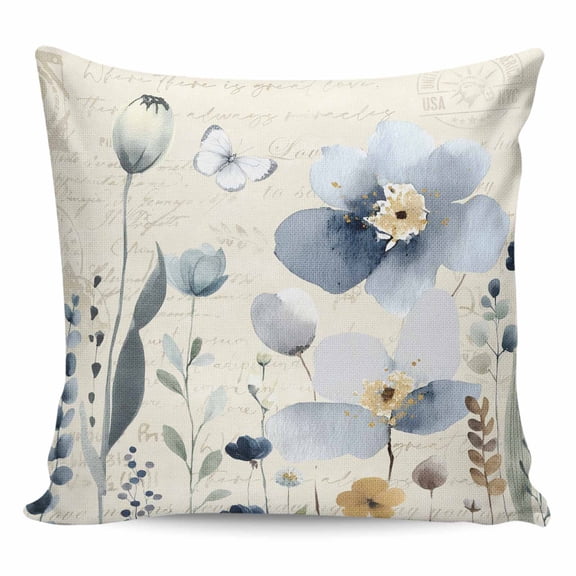 Spring Blue Floral Pillow Covers 20x20 Inch Decorative Throw Pillow Cover, Vintage Garden Wildflowers Botanical Sofa Pillowcases Accent Cushion Case Home Decor Bedroom Living Room