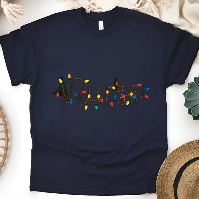 Nurse Graphic T-Shirt with String Lights Design, Unisex Casual Tee, Navy, Size 3XL