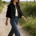 thumbnail image 7 of Women's Cotton Linen Button Down Shirts Casual 3/4 Sleeve Double-Breasted Collared Work Blouses Lightweight Cardigan Black S, 7 of 7