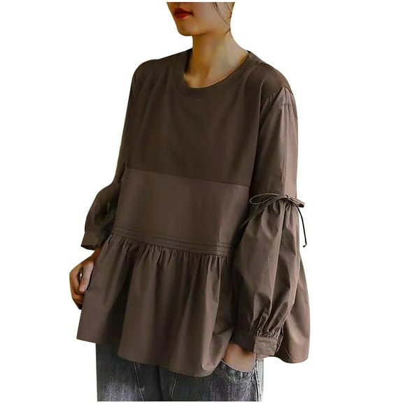 hotojiny Long Sleeve Tops for Women Casual Cute Ruffle Loose Shirts Lounge Crewneck Lightweight Blouse