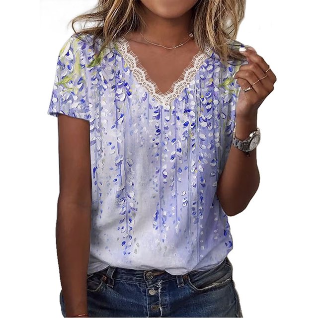 Camiseta de verano para mujer, camiseta holgada de manga corta con cuello en V y ribete de encaje, Top estampado floral para mujer, estampado D azul L