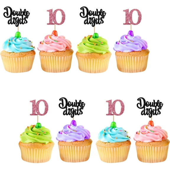 12pcs 10th Birthday Cupcake Toppers, Double Digits Cupcake Decor, Number 10 Sign Cupcake Toppers, Black & Rose Gold Glitter Cake Decoration for 10th Birthday/Anniversary Party Supplies