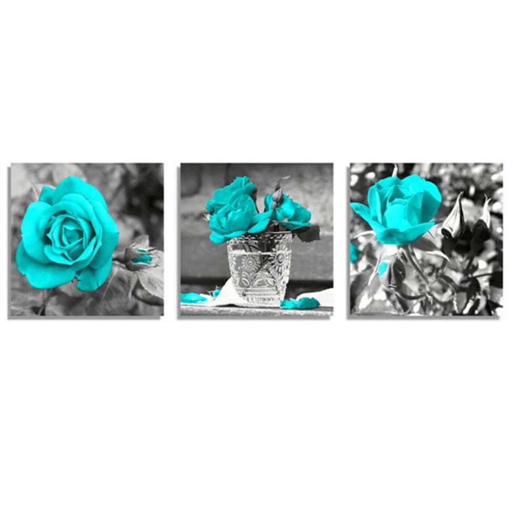 MOUIND 3Pcs Canvas Wall Art Teal Blue Rose Flowers Painting Modern Decor for Bathroom Living Room Kitchen