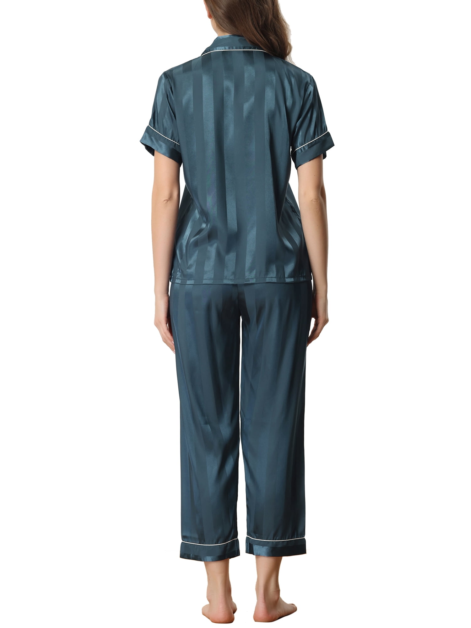 Unique Bargains Womens Satin Button Down Short Sleeve Long Pants Pajama Set L Blue