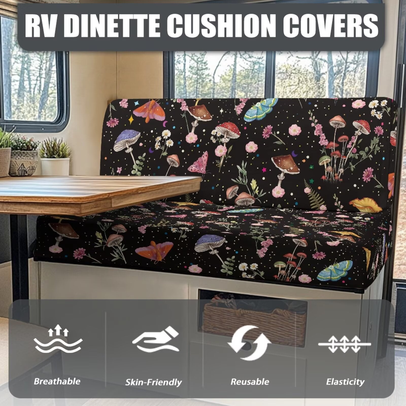 XYZCANDO Boho Style Mushroom Flower RV Dinette Cushion Covers Universal RV Accessories Outdoor Travel Use Comfortable Bench Cushion Stretchable Couch Cover 2 Cushion Sofa Washable Sofa Cover Gifts