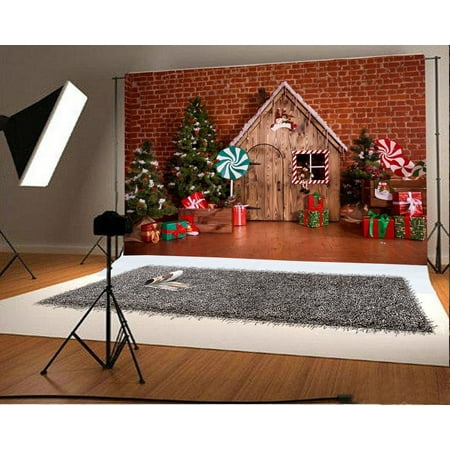 Image of HelloDecor Photography Christmas Backdrop 7x5ft Santa s Shop Gifts Lollipop Christmas Trees Decoration Socks Brick Wall Children Baby Kids Photographic Background Portraits Shooting Props