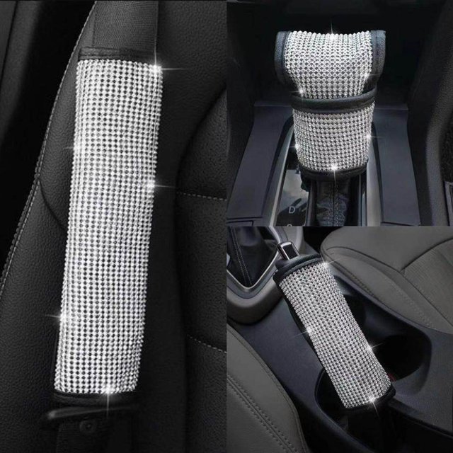 Juego de hombreras para cinturón de seguridad para mujer, fundas para cinturón de seguridad de coche con diamantes de imitación ostentosos, cubierta de freno de mano de cristal, accesorios para coche