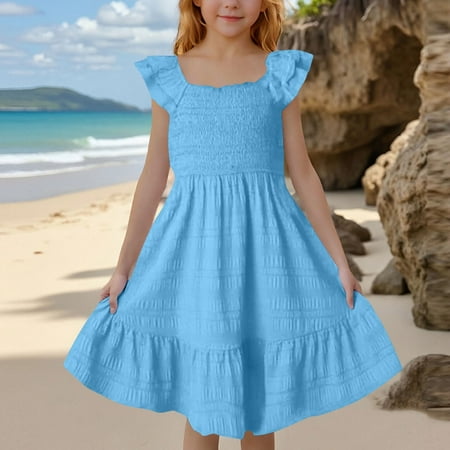 Spazoro Toddler Girls A-Line Dress Casual Solid Color Square Neck Flutter Sleeve Princess Dresses for Child Girls Blue Size 7 T