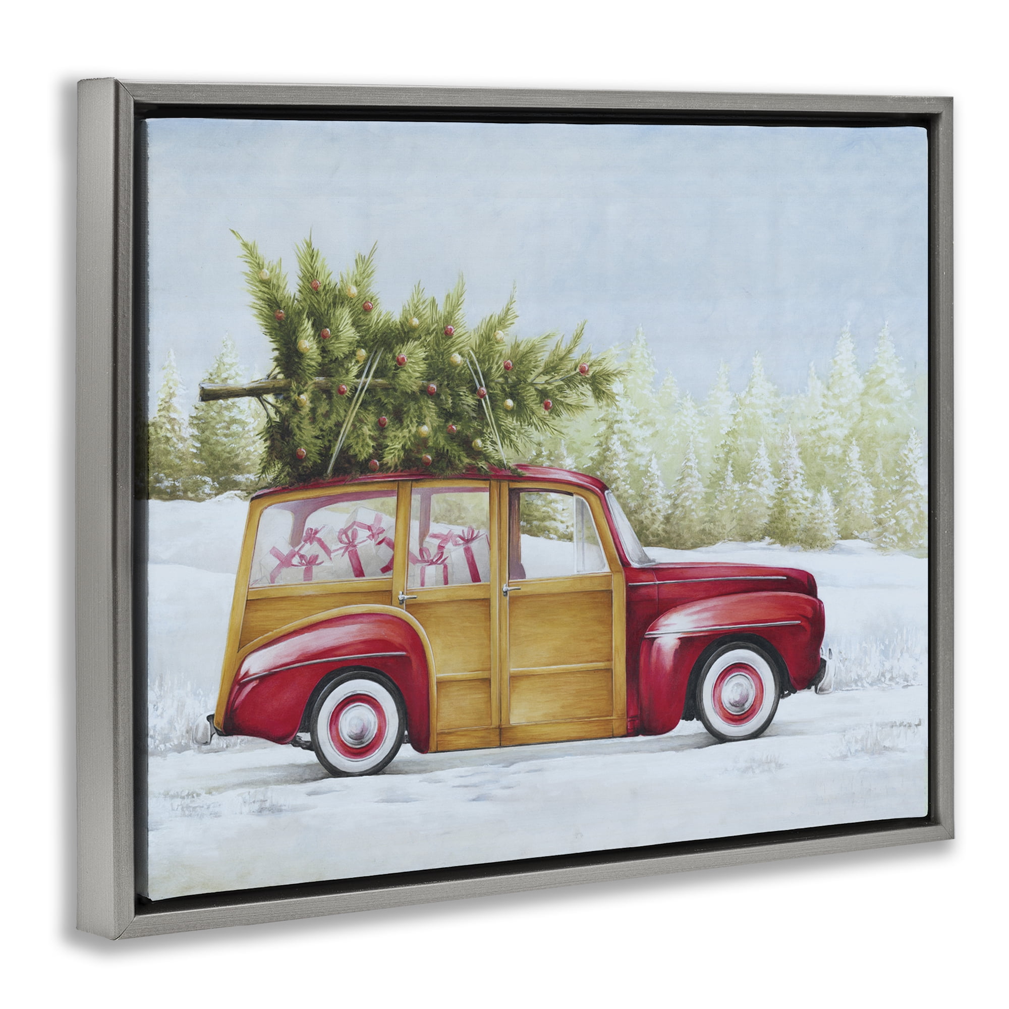 Stupell Industries Holiday Fun Filled Car Holiday Painting Gray Floater Framed Canvas Art Prints Wall Art, 31 x 25
