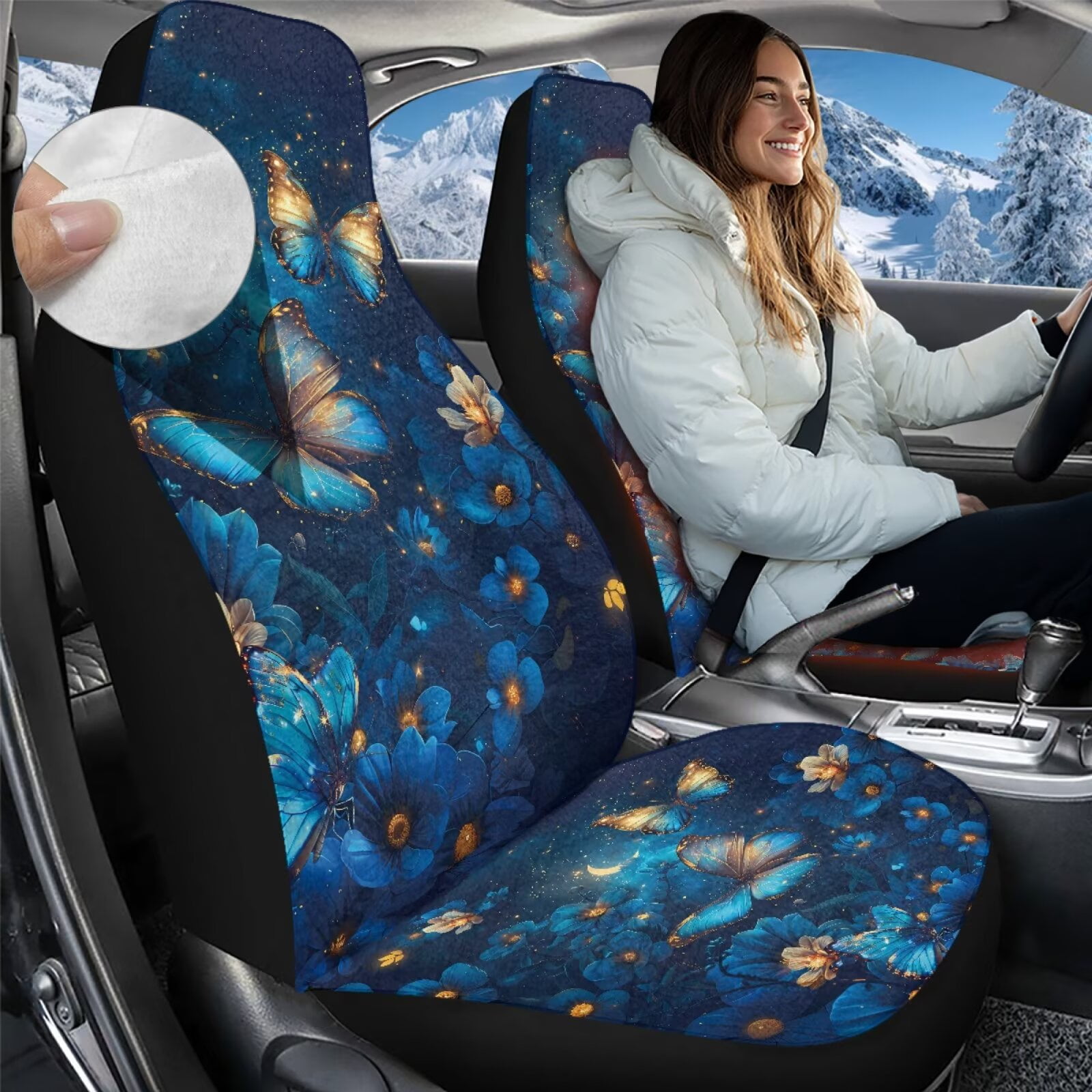 Uorisanigo Car Seat Covers 2 Front Set, Premium Soft Plush Blue Butterfly Aoto Seat Covers for Sedans SUVs Pick-up Trucks, Car Interior Accessories, Universal Fit & Breathable