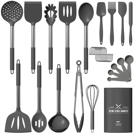 GPED Silicone Cooking Utensil Set, 30 Pcs Kitchen Utensils Set with Stainless Steel Handle, Food Grade Silicone Spatula Set, BPA-Free, Non-stick Heat Resistant Silicone Cookware, Gray