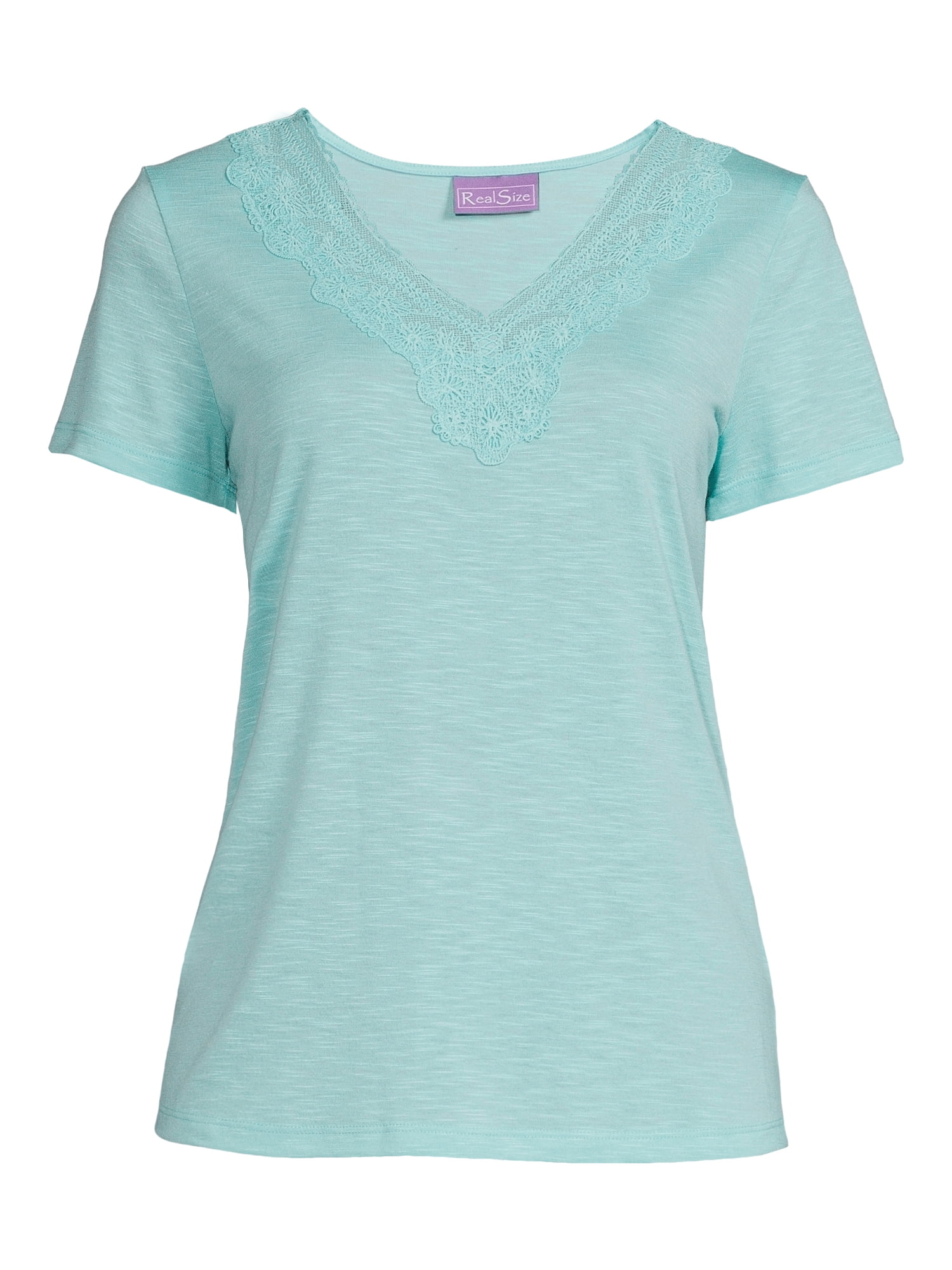 RealSize Women's Lace V-Neck Tee with Short Sleeves, Sizes XS-XXXL