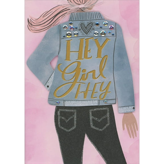 Designer Greetings Hey Girl Hey on 3D Die Cut Blue Jacket, Gems, Silver and Purple Sequins and Pink Ribbon Hand Decorated Mother's Day Card for Friend