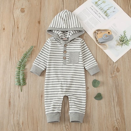 

Baby clothes for girls Newborn Toddler Infant Baby Long Sleeve Stripe Hooded Romper Jumpsuit Fragarn