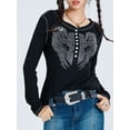 thumbnail image 2 of KelaJuan Women's Spring Slim Fit Tops Black Long Sleeve Button Rhinestone Wing Print Going Out Tops, 2 of 6