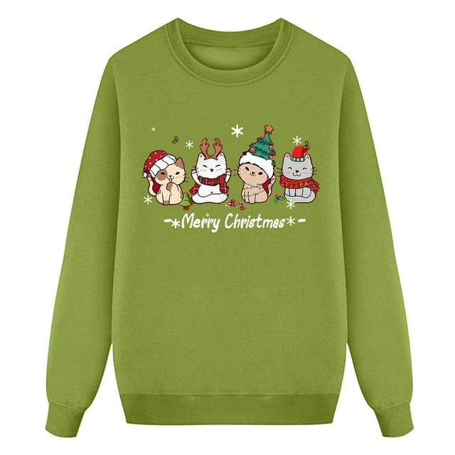 Hfolob Chandail en Molleton pour Fille, Décontracté, de Noël, Chat Mignon, Flocon de Neige, Père Noël, Typographie Graphique, Col Rond, Manches Longues