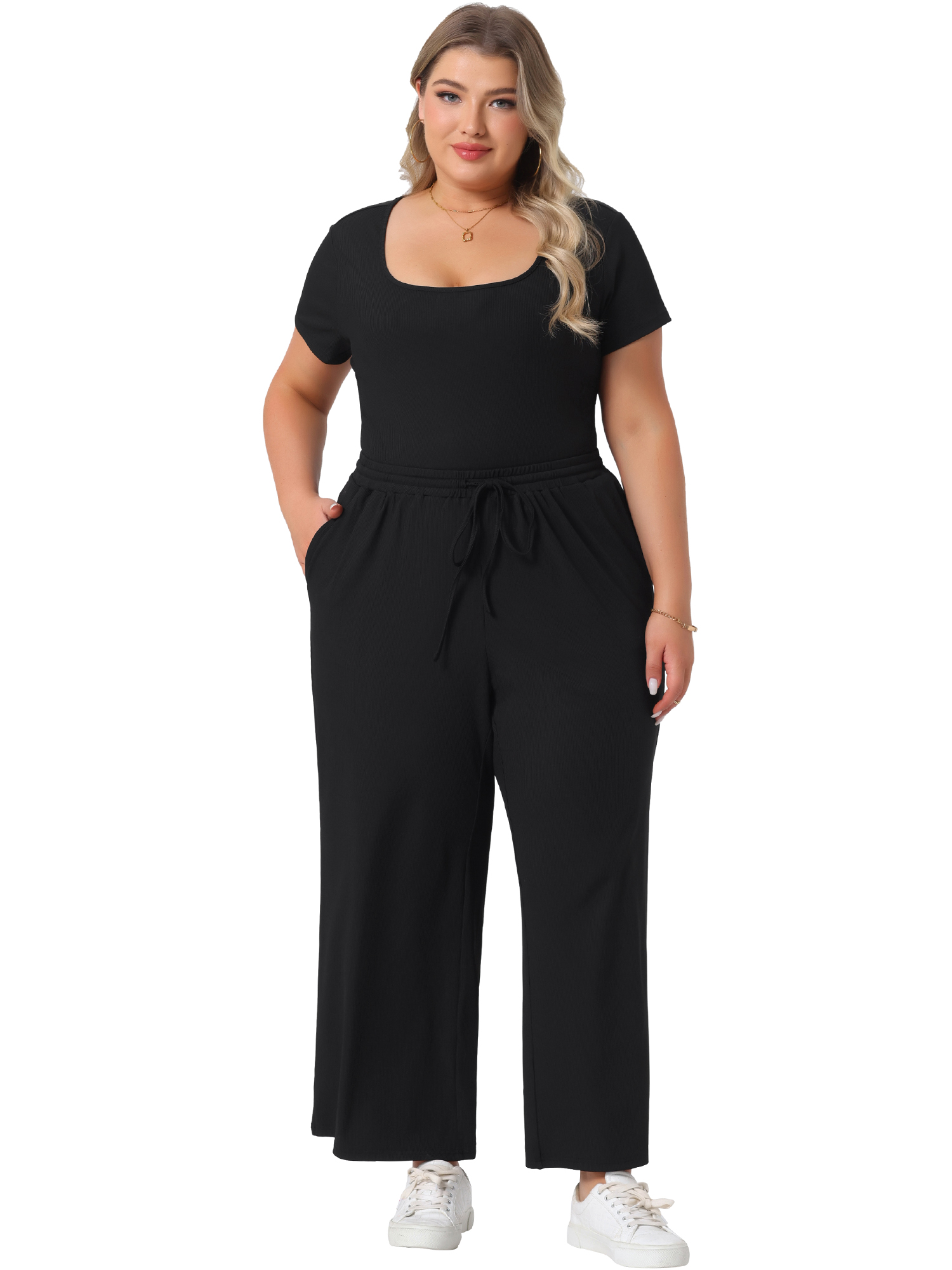 DARING DIVA Women's Plus 2 Pcs Short Set Bodysuit Top Wide Leg Pants 1X Black