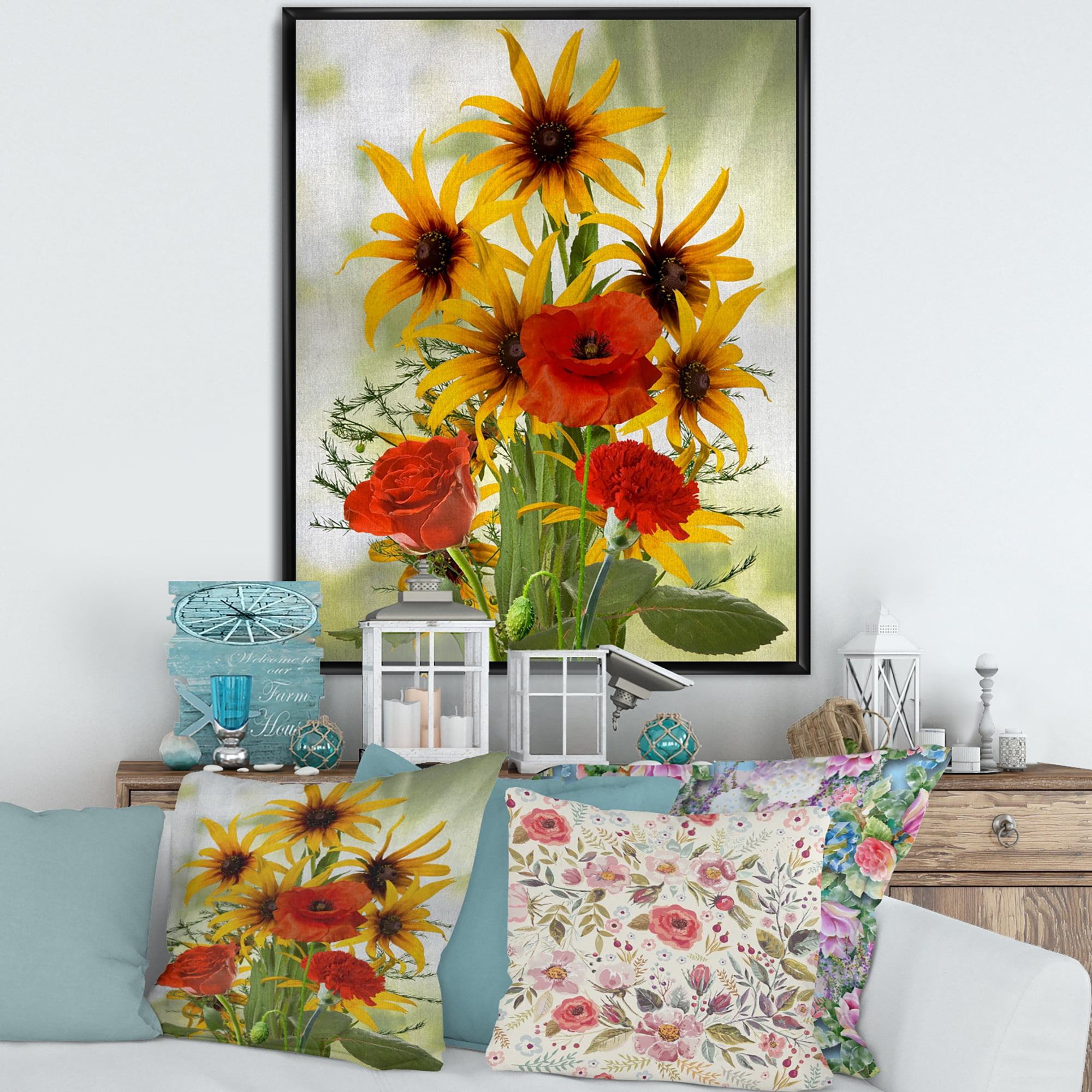 Designart 'Poppies and Sunflowers In The Wild' Traditional Framed Canvas Wall Art Print