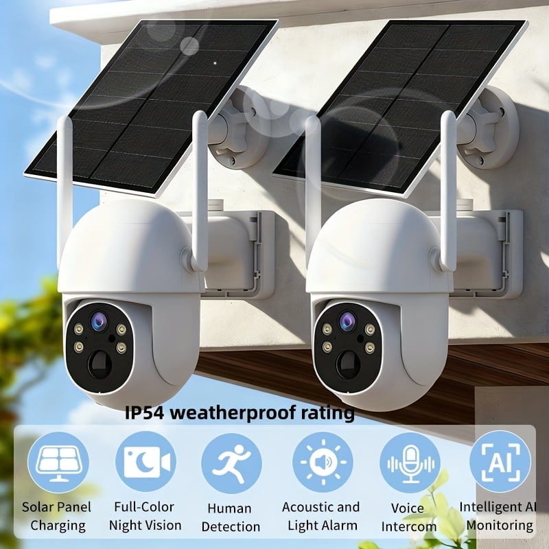2 Pack Solar Wireless Security Cameras Outdoor, IP54 Waterproof HD WiFi Surveillance Camera, AI Human Detection, Color Night Vision, Two-Way Audio, Rain & Dust Resistant Battery Powered