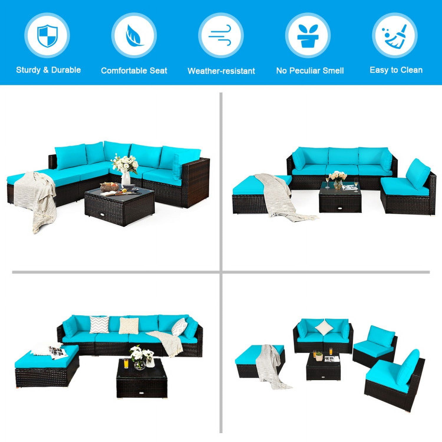 Aimee Lii 6 Pieces Outdoor Patio Rattan Furniture Set Sofa Ottoman, Outdoor Deck Furniture, Turquoise