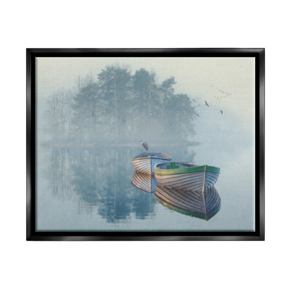 Stupell Foggy Boat Lake Reflection Landscape Painting Black Floater Framed Art Print Wall Art