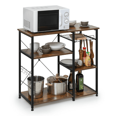 MoNiBloom Kitchen Steel Bakers Rack, Microwave Oven Stand 5 Shelves Kitchen Organizer Workstation, Utility Shelf with Hooks, Brown