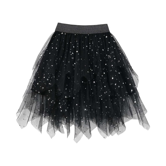 XAOFW Girls Skirts Layered Elegant Midi Length Star Moon Sequins Flowy Tutu Celebration Ball Gown Stylish Breathable Evening Party Skirt
