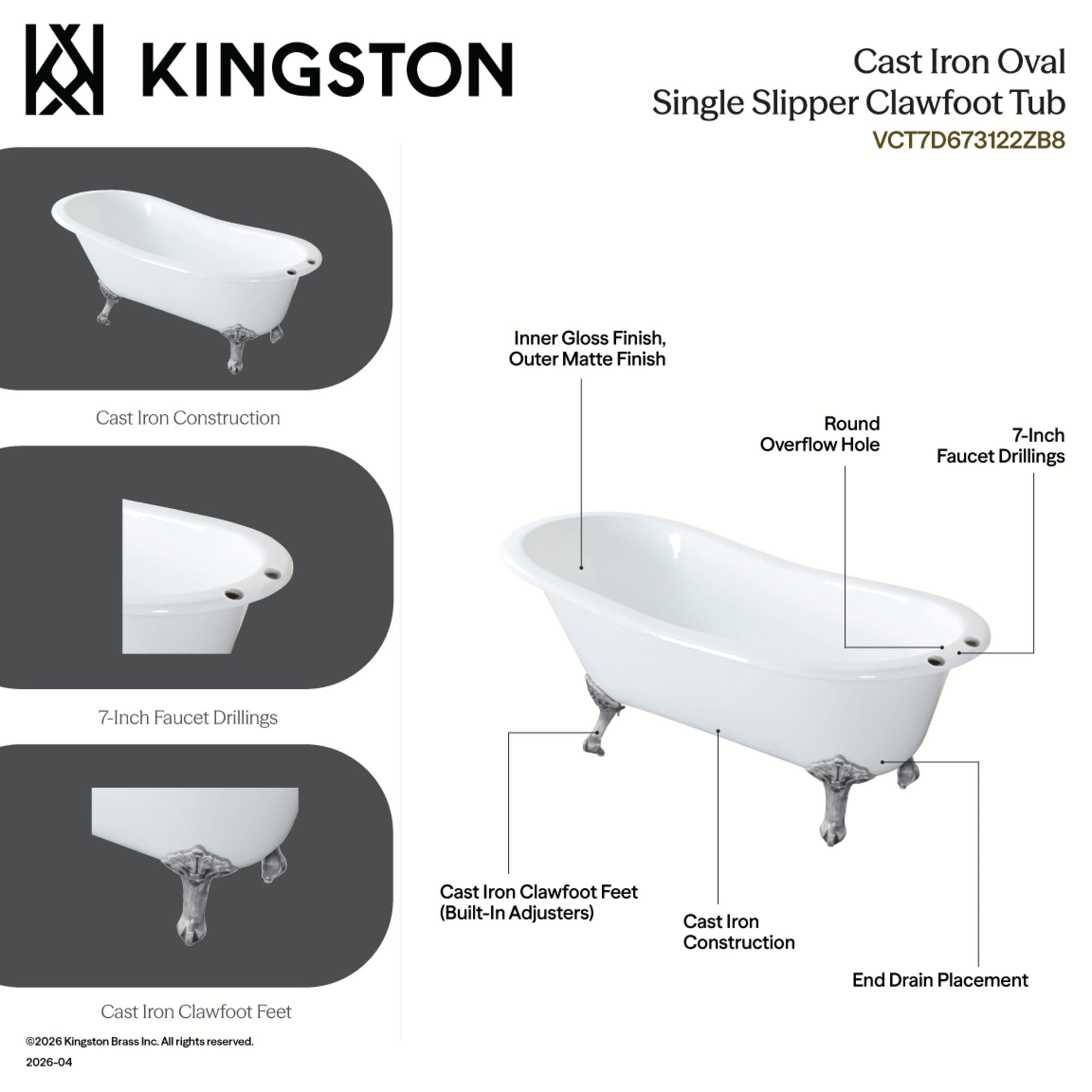 Aqua Eden VCT7D673122ZB8 67-Inch Cast Iron Oval Single Slipper Clawfoot Tub (7-Inch Faucet Drillings) in White/Brushed Nickel