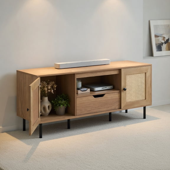 Topcobe Boho TV Stand for 60 Inch TV Entertainment Center with Cabinets and Storage Shelf, Modern Furniture for Living Room, Practical, Easy to Assemble-Natural