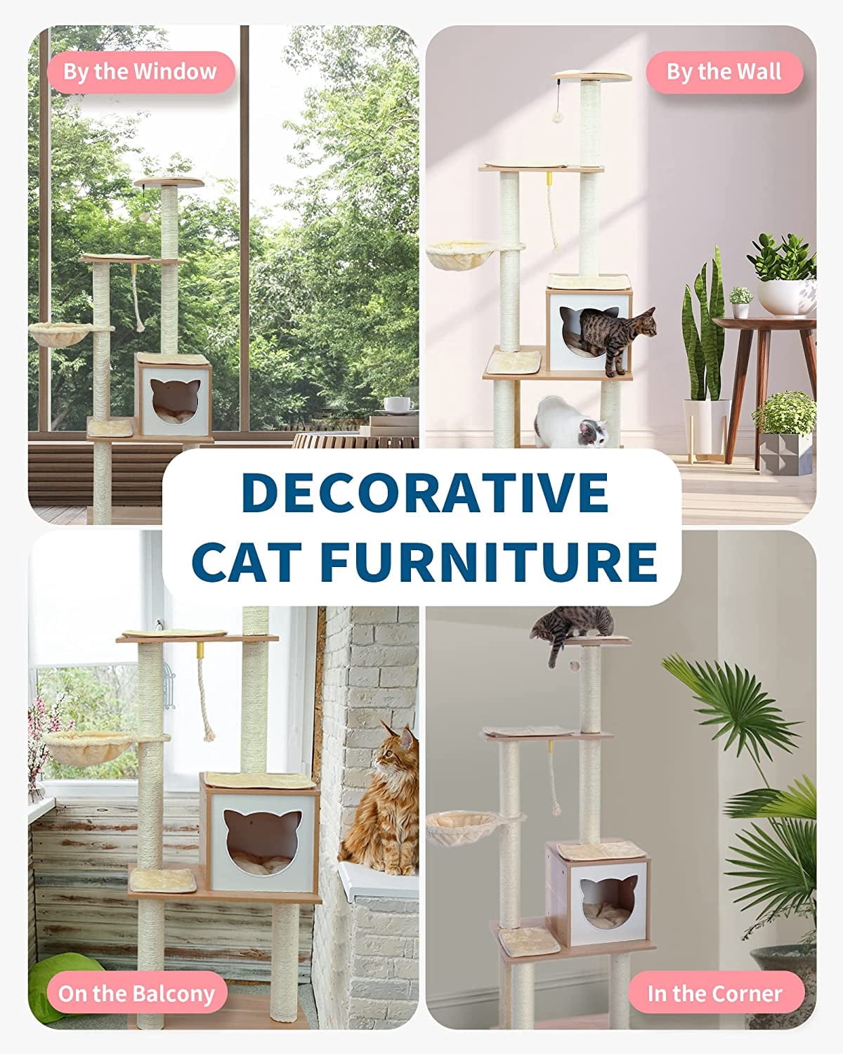 65" Tall Wood Condo Cat Tree Tower with Hammock, Scratching Post and Removable Pads