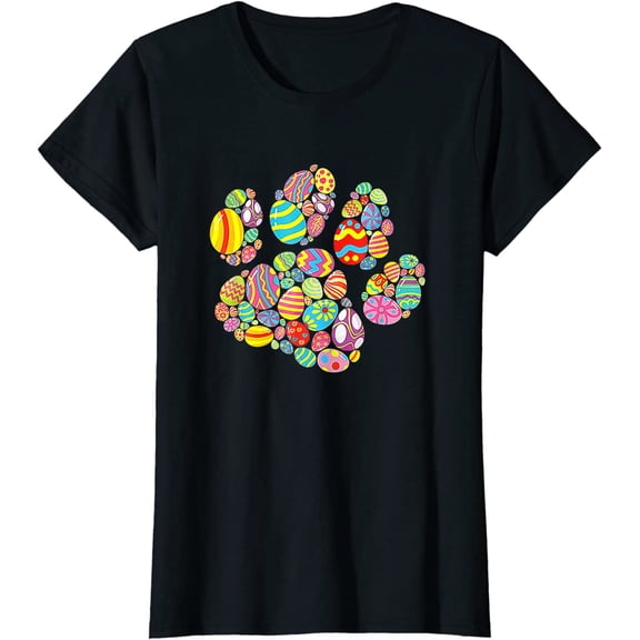 Colorful Egg Paw Print Funny Dog Cat Lovers Easter Day Gifts Women T-Shirt