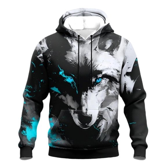 Yuncity Mens Hoodies Halloween Fashion Wolf Print Pullover Hooded Sweatshirt Long Sleeve Casual With Pocket Clothes Size L Blue