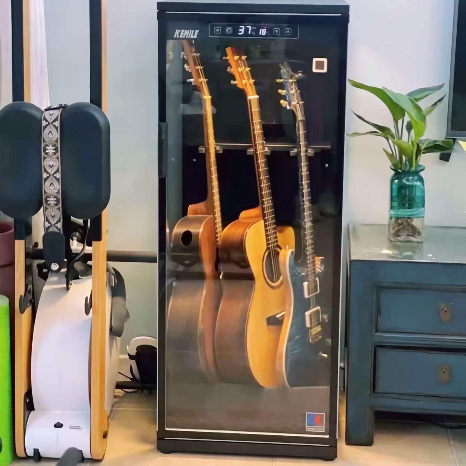 Chehery Guitar Display Case for Electric & Acoustic Guitars - Humidity Control Cabinet with Hygrometer & Humidifier | Glass Door Showcase for Collectible & Vintage Guitars | 45-60% RH Stability