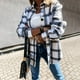 thumbnail image 5 of Chaqueta tipo chaqueta a cuadros para mujer Gabardina de tartán de invierno con mezcla de lana y botones informales con bolsillos (negro), 5 of 5